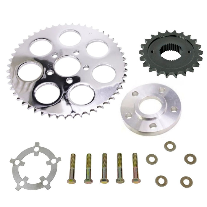 TC Bros. Belt-to-Chain Conversion Kit for Harley-Davidson Sportster 2004–2022—includes motorcycle sprockets, washers, and bolts. Ideal for converting your 2004–2022 Sportster from belt to chain drive with TC Bros. quality parts.