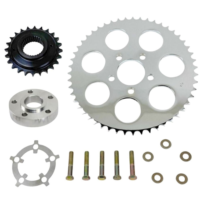 Two TC Bros. Belt-to-Chain Conversion Kits for Harley-Davidson Dyna 2006-2017, each with sprockets, bolts, and washers—one chrome and one black finish.