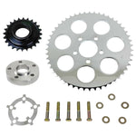 Two TC Bros. Belt-to-Chain Conversion Kits for Harley-Davidson Dyna 2006-2017, each with sprockets, bolts, and washers—one chrome and one black finish.