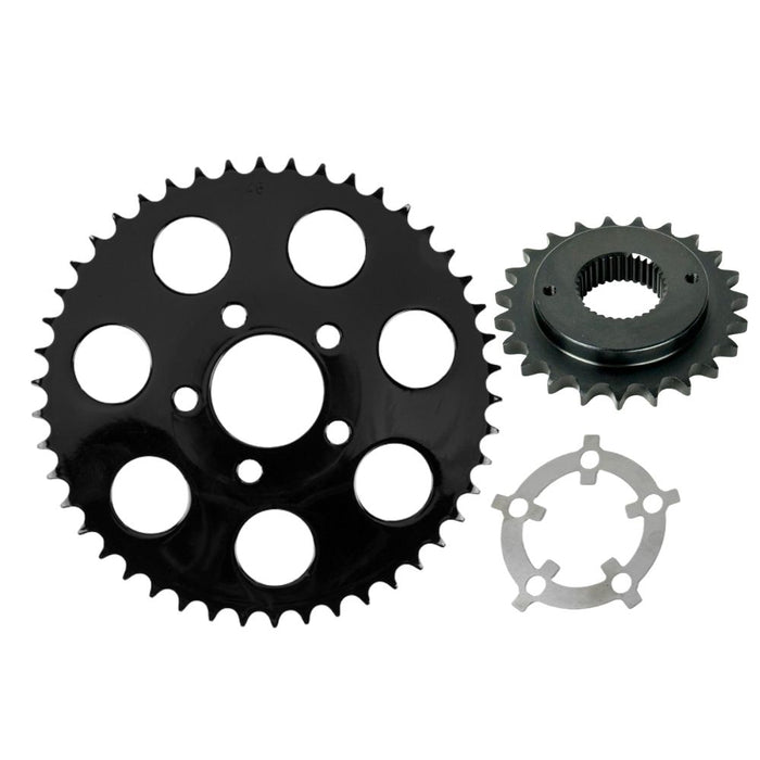 The TC Bros. Belt-to-Chain Conversion Kit for Harley-Davidson Sportster 2000-2003 includes three metal sprockets and a spacer, arranged on a white background—perfect for upgrading your chain drive system.
