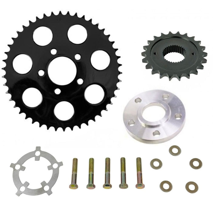 TC Bros. Belt-to-Chain Conversion Kit for Harley-Davidson Sportster 2004–2022—includes motorcycle sprockets, washers, and bolts. Ideal for converting your 2004–2022 Sportster from belt to chain drive with TC Bros. quality parts.