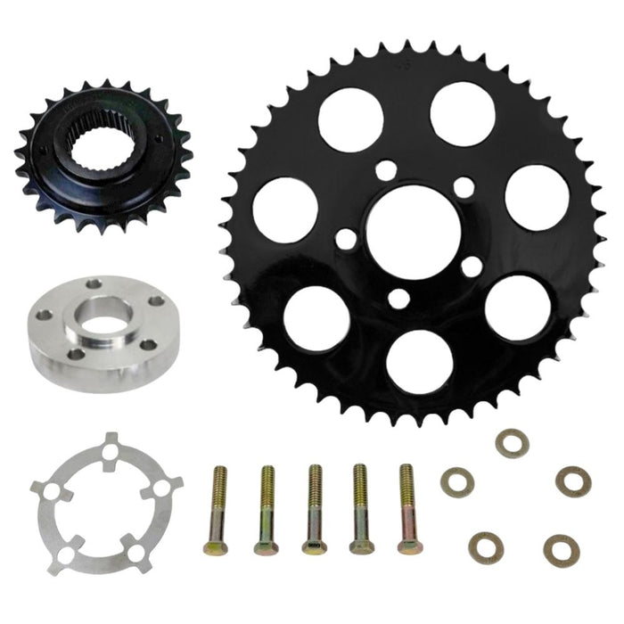 Two TC Bros. Belt-to-Chain Conversion Kits for Harley-Davidson Dyna 2006-2017, each with sprockets, bolts, and washers—one chrome and one black finish.