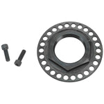 The Moto Iron® Billet Sprocket Lock Nut, designed for Big Twin 2007-2022 and Dyna 2006-2017 models, is a round metal part with multiple edge holes and includes two small screws on a white background.