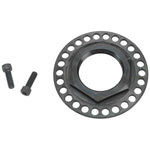 A circular metal flange with multiple holes and a threaded center rests beside two small screws on a plain white background, akin to the precision found in the Moto Iron® Billet Sprocket Lock Nut for Big Twin/Dyna 93-06 (except 06 Dyna) or Sportster 93-UP models.