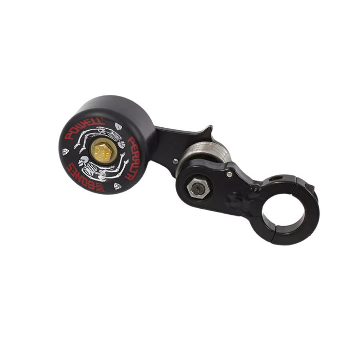 A handlebar lever for a Monster Craftsman monstercraft motorcycle that features a black 1" Clamp On Chain Tensioner - Skate Wheel (Powell Peralta) for the drive chain.