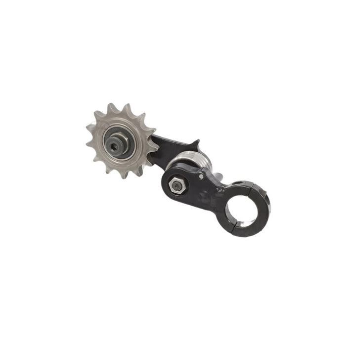 A Monster Craftsman 1" Clamp On Chain Tensioner - 530 Sprocket and drive chain on a white background.