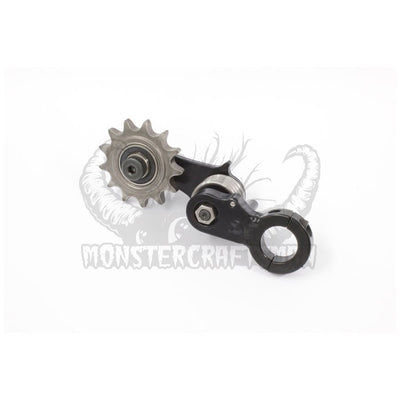 A Monster Craftsman 1" Clamp On Chain Tensioner - 530 Sprocket and drive chain on a white background.