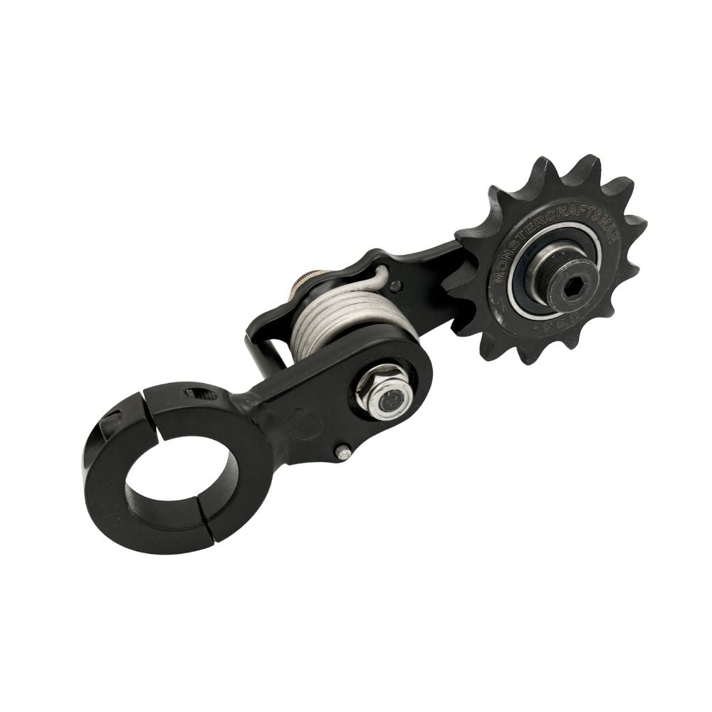 A Bolt On Chain Tensioner - Skate Wheel (Powell Peralta) with a drive chain and a handle on it.