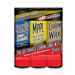 The Maxima Chain Care Kit by Maxima includes everything required for premium motorcycle chain maintenance: a powerful Chain Degreaser (Chain Cleaner), MPPL Multi-Purpose Penetrant Lube, and a long-lasting Chain Wax spray.