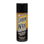 A 5.5 oz can of Maxima Chain Wax by Maxima, designed for lubricating motorcycle and bicycle chains. It features a black cap and detailed product information on the label. This high-performance chain lube delivers smooth operation and helps extend chain life.