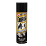 A 5.5 oz can of Maxima Chain Wax by Maxima, designed for lubricating motorcycle and bicycle chains. It features a black cap and detailed product information on the label. This high-performance chain lube delivers smooth operation and helps extend chain life.