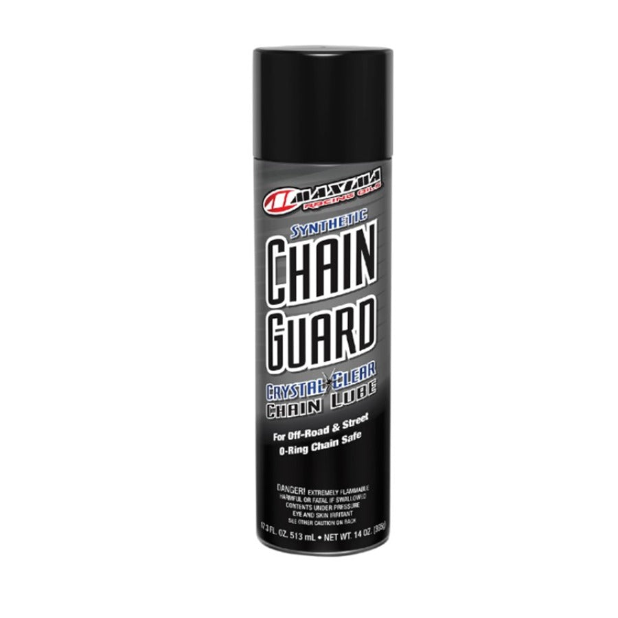 A can of Maxima Synthetic Chain Guard Lube - 14 oz. net wt. - Aerosol on a white background.