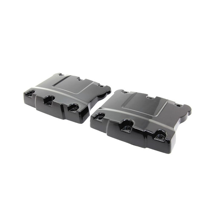 Two Wyatt Gatling black metal Top Rocker Box Cover Sets for Dyna models with multiple mounting holes, displayed on a white background.