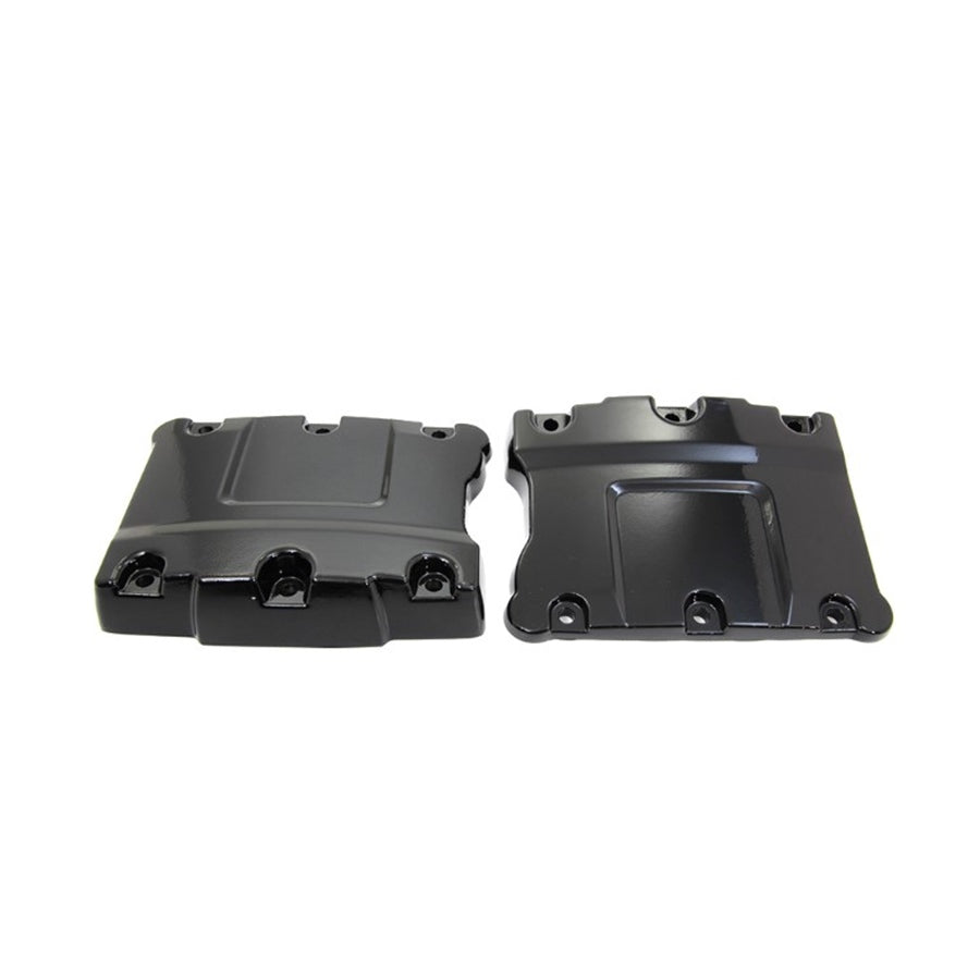 Two Wyatt Gatling black metal Top Rocker Box Cover Sets for Dyna models with multiple mounting holes, displayed on a white background.
