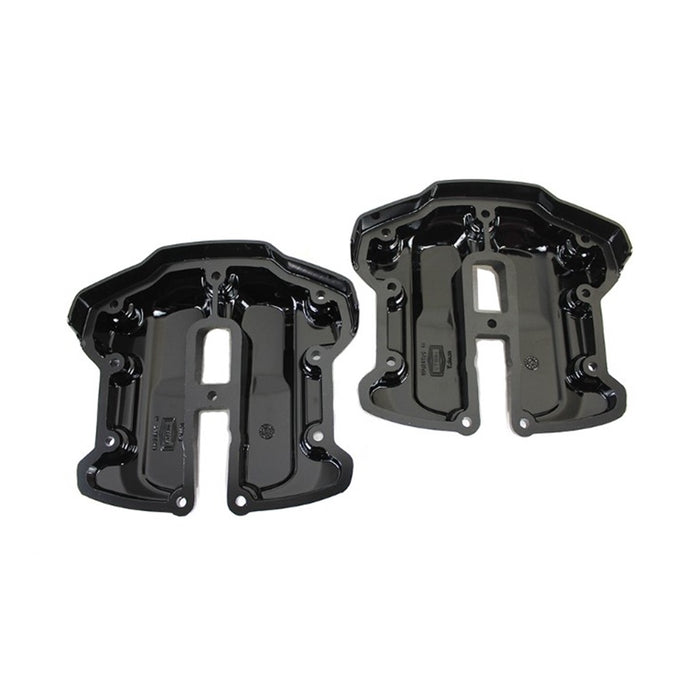 A pair of Wyatt Gatling M8 Rocker Box Cover Set - Black with forged aluminum on a white background.