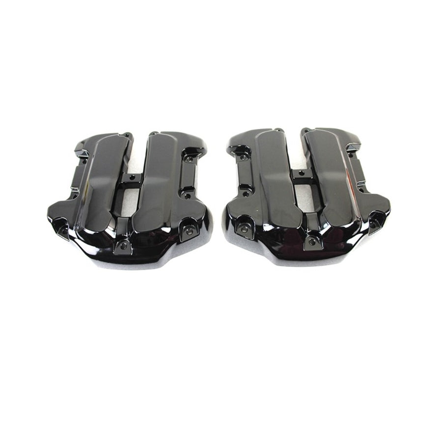 A pair of Wyatt Gatling M8 Rocker Box Cover Set - Black with forged aluminum on a white background.