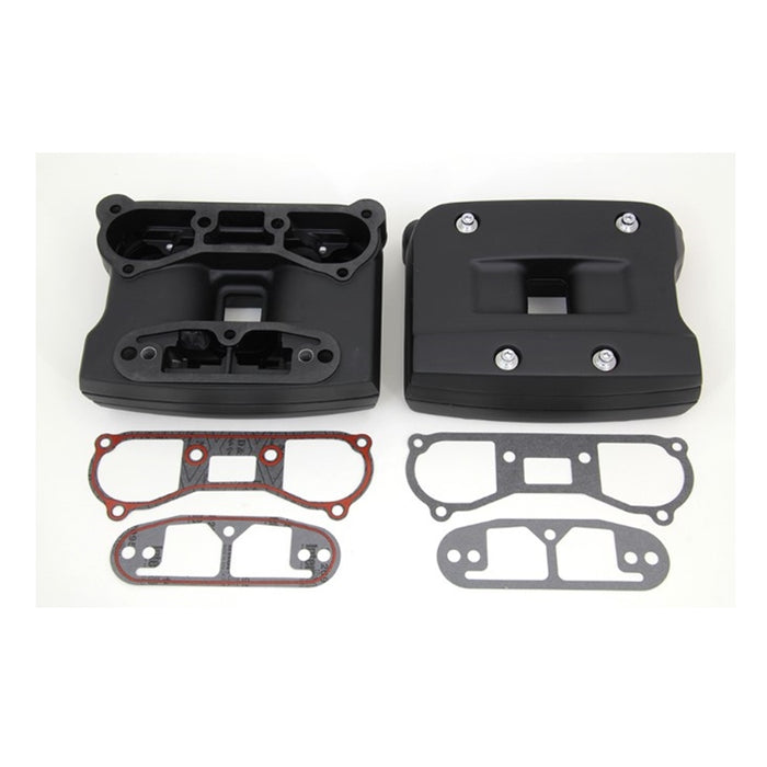 A pair of Wyatt Gatling Black Rocker Box Cover gaskets on a white background, designed for Big Twin models.