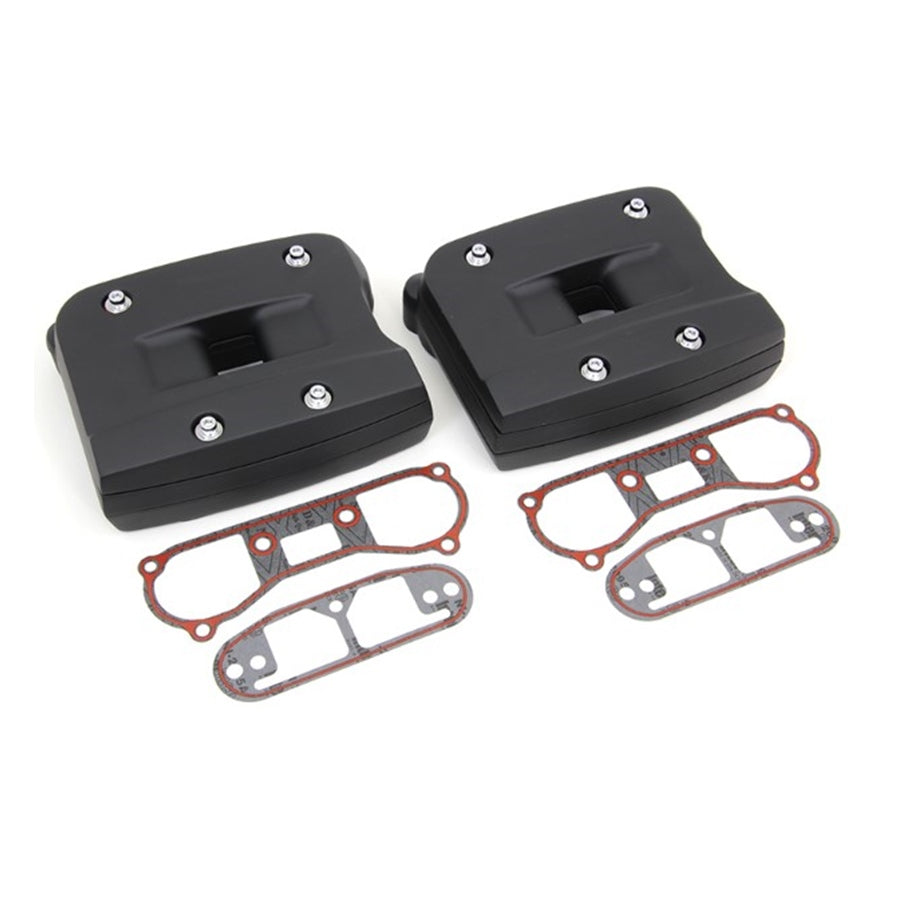 A pair of Wyatt Gatling Black Rocker Box Cover gaskets on a white background, designed for Big Twin models.