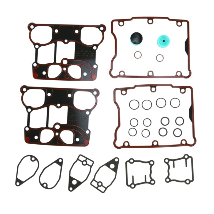 A set of James Gaskets Rocker Cover Gasket Kit and gaskets for a Twin Cam 99-15 motorcycle engine.