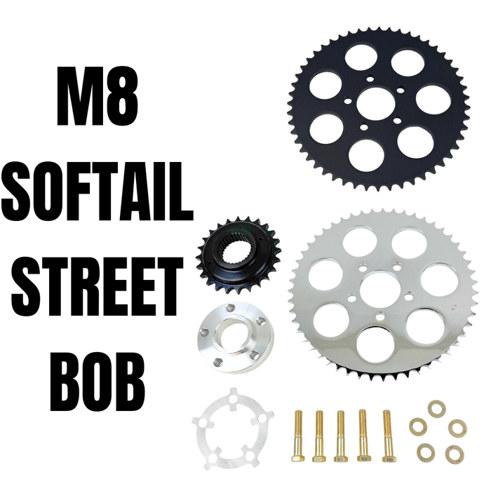 TC Bros. Belt-to-Chain Drive Conversion Kit for 2018-Up Harley-Davidson Street Bob includes gears, bolts, washers, and all hardware—ideal for your M8 Softail. Shown near bold "M8 SOFTAIL STREET BOB" text.