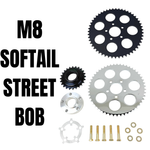 TC Bros. Belt-to-Chain Drive Conversion Kit for 2018-Up Harley-Davidson Street Bob includes gears, bolts, washers, and all hardware—ideal for your M8 Softail. Shown near bold "M8 SOFTAIL STREET BOB" text.