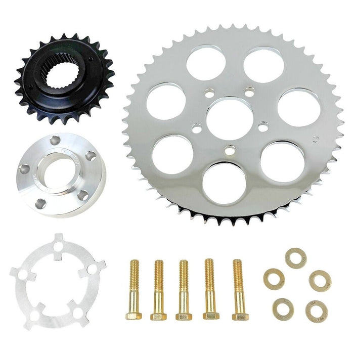 The TC Bros. Belt to Chain Drive Conversion Kit for 2018-Up Harley Davidson M8 Softail includes a large sprocket, small gear, hub, and hardware arranged on a white background—perfect for Milwaukee-Eight-powered models.