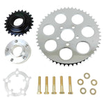 The TC Bros. Belt to Chain Drive Conversion Kit for 2018-Up Harley Davidson M8 Softail includes a large sprocket, small gear, hub, and hardware arranged on a white background—perfect for Milwaukee-Eight-powered models.