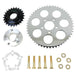 The TC Bros. Belt to Chain Drive Conversion Kit for 2018-Up Harley Davidson M8 Softail includes a large sprocket, small gear, hub, and hardware arranged on a white background—perfect for Milwaukee-Eight-powered models.