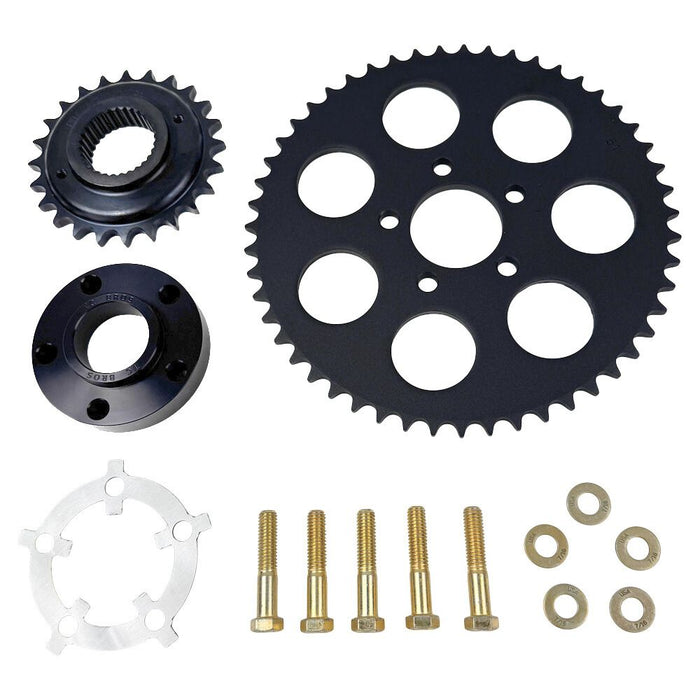 The TC Bros. Belt to Chain Drive Conversion Kit for 2018-Up Harley Davidson M8 Softail includes a large sprocket, small gear, hub, and hardware arranged on a white background—perfect for Milwaukee-Eight-powered models.