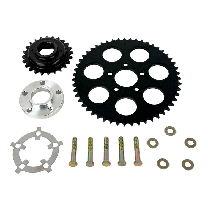 The TC Bros. Belt-to-Chain Drive Conversion Kit for 2000-2005 Harley-Davidson Dyna features 530 chain drive sprockets, bolts, washers, and mounting components displayed on a white background.