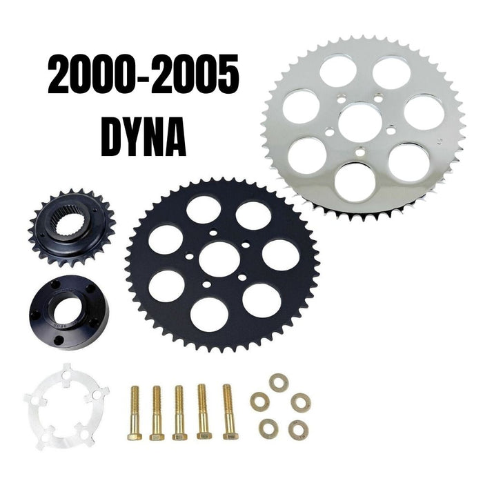 The TC Bros. Belt-to-Chain Drive Conversion Kit for 2000-2005 Harley-Davidson Dyna features 530 chain drive sprockets, bolts, washers, and mounting components displayed on a white background.