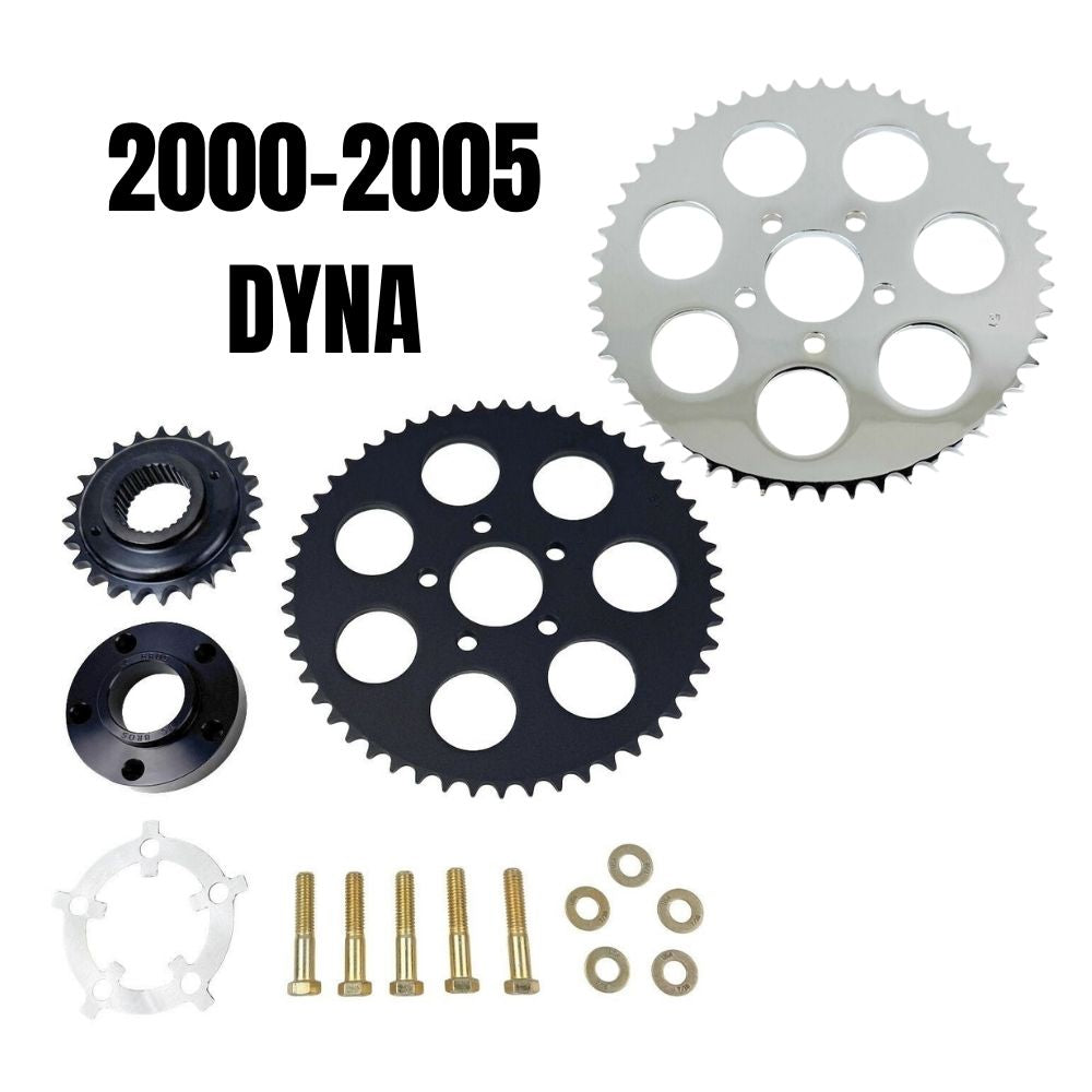 The TC Bros. Belt-to-Chain Drive Conversion Kit for 2000-2005 Harley-Davidson Dyna features 530 chain drive sprockets, bolts, washers, and mounting components displayed on a white background.