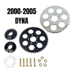 The TC Bros. Belt-to-Chain Drive Conversion Kit for 2000-2005 Harley-Davidson Dyna features 530 chain drive sprockets, bolts, washers, and mounting components displayed on a white background.
