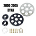 The TC Bros. Belt-to-Chain Drive Conversion Kit for 2000-2005 Harley-Davidson Dyna features 530 chain drive sprockets, bolts, washers, and mounting components displayed on a white background.