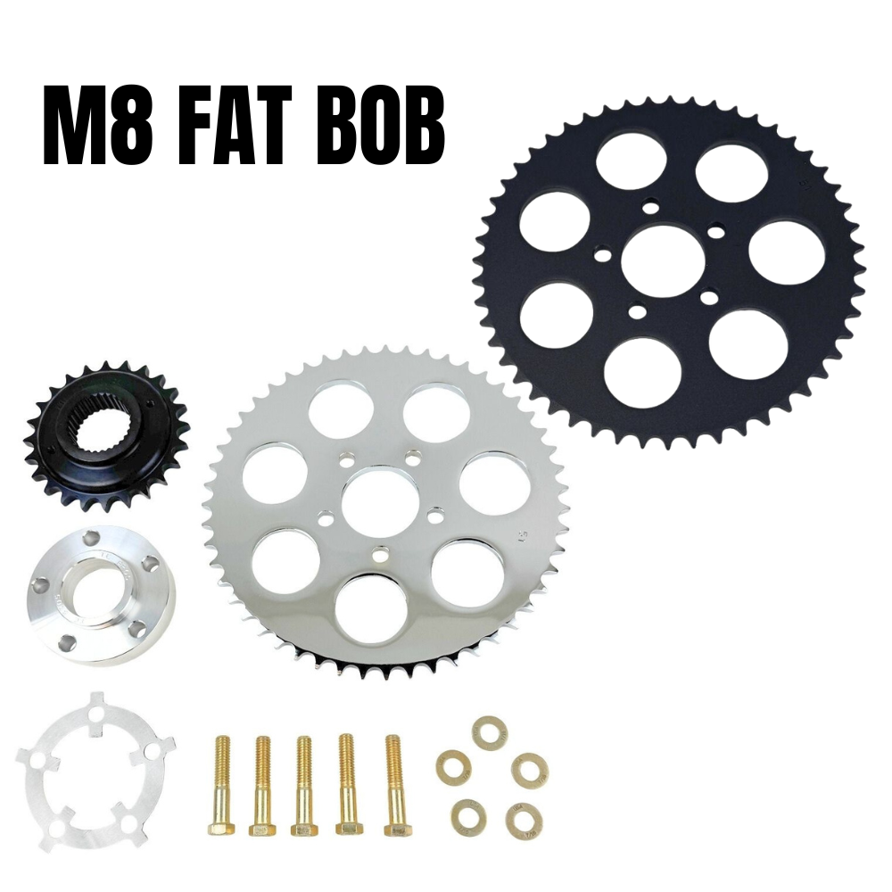 The TC Bros. Belt-to-Chain Drive Conversion Kit for 2018-Up Harley-Davidson Fat Bob includes two sprockets, gears, bolts, washers, and mounting hardware, all displayed on a white background.