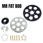 The TC Bros. Belt-to-Chain Drive Conversion Kit for 2018-Up Harley-Davidson Fat Bob includes two sprockets, gears, bolts, washers, and mounting hardware, all displayed on a white background.