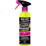 A 500ml Muc-Off Chain Cleaner spray bottle with bright yellow biodegradable cleaner and a pink trigger nozzle.