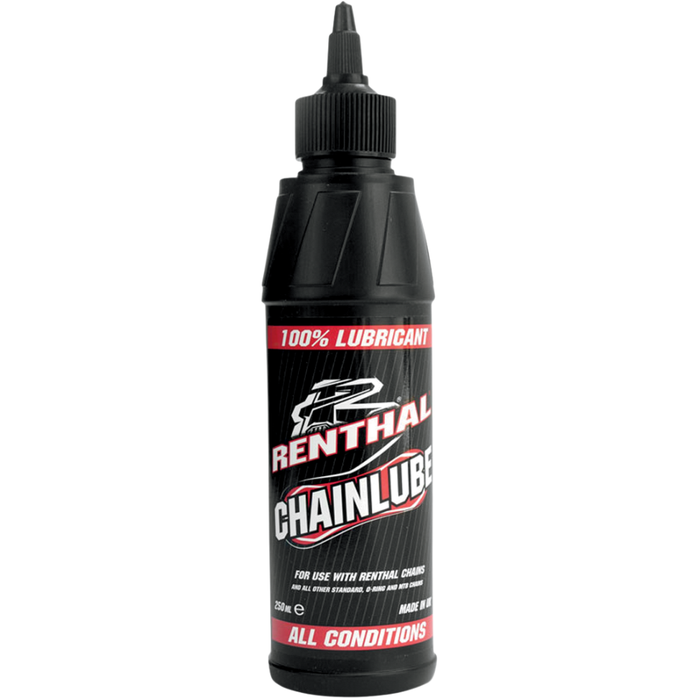 A 250ml bottle of Renthal Synthetic Chain Lubricant with a black twist-cap nozzle, designed for superior corrosion resistance.