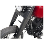 Close-up of a motorcycle's front fork and wheel, featuring a red fuel tank and gloss black Fork Slider Covers - Smooth - Stock Length - Replacement OEM Number 45964-86 by Drag Specialties.