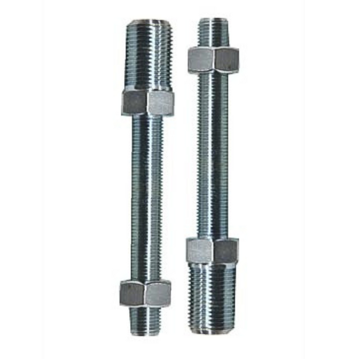Two metal threaded adjustment bolts for a Mid-USA Adjustable Rear Lowering Kit for 2000-2017 Harley-Davidson Softail, each fitted with two hexagonal nuts.