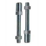 Two metal threaded adjustment bolts for a Mid-USA Adjustable Rear Lowering Kit for 2000-2017 Harley-Davidson Softail, each fitted with two hexagonal nuts.