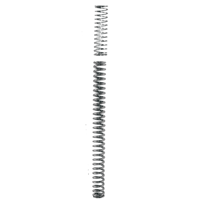 Two metal coil springs from the Progressive Suspension Drop-In Fork Lowering Kit for 2002–2005 Harley-Davidson Touring models are aligned vertically with a gap between them against a white background.