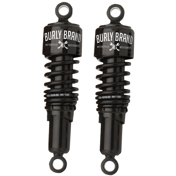 Two black Burly Slammer Shocks for 1991-2015 Harley-Davidson Dyna models with coiled springs.