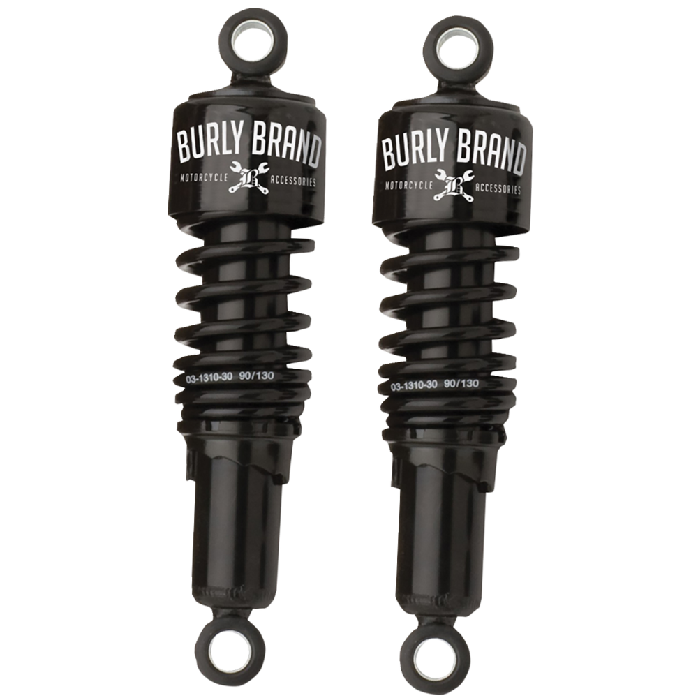 Two black Burly Slammer Shocks for 1991-2015 Harley-Davidson Dyna models with coiled springs.