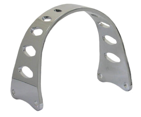 A Custom Fork Brace for Harley Wide Glide Front End - Chrome handlebar bracket with a steel chrome finish and holes on it, manufactured by Mid-USA.
