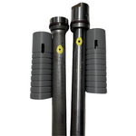 Two metal rods with grooves and yellow dots stand vertically, each flanked by a gray ridged sleeve—parts from the Hugh's Handbuilt Fork Lowering Kit for Yamaha XS650, designed to customize your motorcycle suspension.