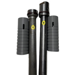 Two metal rods with grooves and yellow dots stand vertically, each flanked by a gray ridged sleeve—parts from the Hugh&