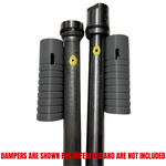 Two metal rods with grooves and yellow dots stand vertically, each flanked by a gray ridged sleeve—parts from the Hugh's Handbuilt Fork Lowering Kit for Yamaha XS650, designed to customize your motorcycle suspension.