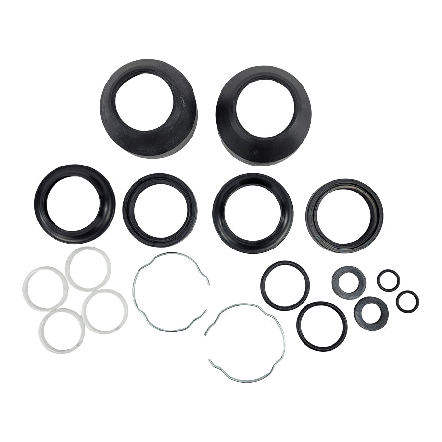 A set of black rubber Moto Iron® seals and 41mm Fork Seal Kit for Harley FXST FXDWG FLST FL.