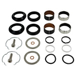 Assorted Moto Iron® hardware components from the Moto Iron Complete Fork Rebuild Kit for Harley-Davidson 39mm Fork, including rings, washers, clips, bushings, and bolts, arranged neatly on a white background.